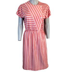 Vintage 50s Retro Stripe Button Dress Women Large Red Short Sleeve Knee Length L